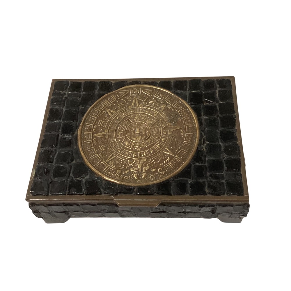 Vintage Mexican Obsidian Mosaic Brass Aztec Sun Stone Calendar Trinket Box